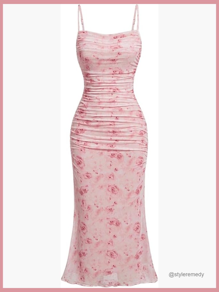 Floral Midi Sun Dress With Spaghetti Strap For Wedding Guest Cocktail